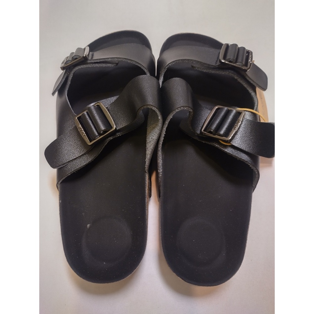 ZURIN Collection Black Genuine Leather Platform Double Strap Buckle Sandal 7-7.5 - Picture 4 of 7